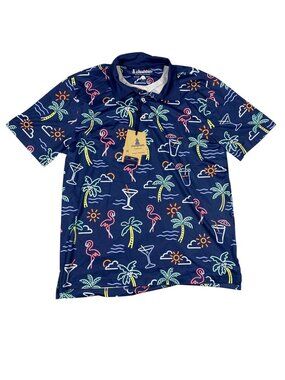 Chubbies Mens Neon Printed Polo Shirt Small Navy Blue Palm Flamingo Polyester NE